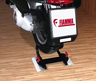 Suporte estabilizador de motocicleta para pisos de garagem e trailers, motorhomes e trailers.