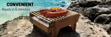 Casus Grill, churrasqueira descartável 100% biodegradável ideal para caravanas, autocaravanas, autocaravanas e 4x4 terrestres.