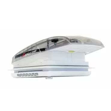 Claraboia com ventilador tipo Maxxfan com tampa externa transparente fumê, caravana, motorhome e campervan.