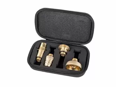 Estojo de bicos adaptadores para recarga de botijões de GLP para autocaravanas, caravanas e autocaravanas.