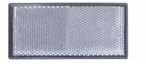Catadióptrico adesivo retangular com contorno preto, 105x48 mm, cor branca para sinalização.