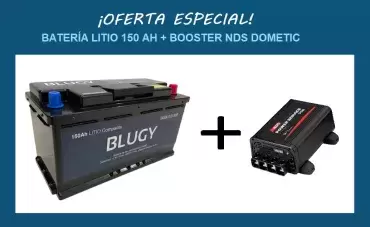 Pacote de bateria de lítio compacto Blugy 150AH + NDS DOMETIC Powerservice PSB 12V 40A / 60A / 80A Booster para motorhome e camper.