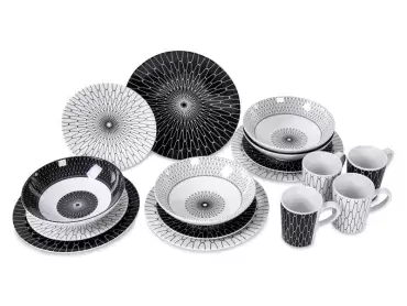 Louça de melamina preta e branca premium para 4 pessoas, 16 peças, para camping e caravana.