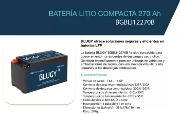 Bateria de lítio compacta Blugy 270AH com 3456Wh para caravanas, motorhomes e campers.