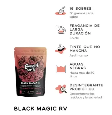 Black Magic RV, tratamento ecológico de águas negras em sachês, 16 unidades de 30 gramas, para caravanas, autocaravanas e furgões camperizados.