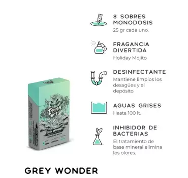 Grey Wonder, tratamento ecológico para águas cinzas em sachês, 8 unidades de 25 gramas, para caravanas, autocaravanas e furgões camperizados.