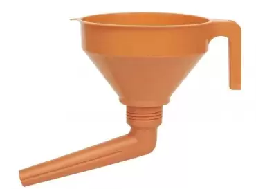 Funil em forma de cotovelo 105º com filtro e alça para transferência de líquidos.