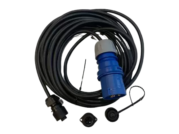 Cable de conexión externa con adaptador CEE 3 pines 10 metros mini plug 220V para cargadores de baterías de caravanas, autocaravanas, camper y 4x4 overland.