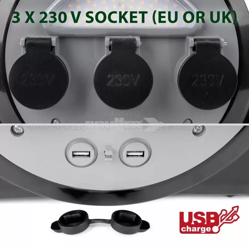 Alargadera Brunner 15 metros con 3 conexiones Schuko, 2 puertos USB y luz integrada para autocaravana, caravana y camper.