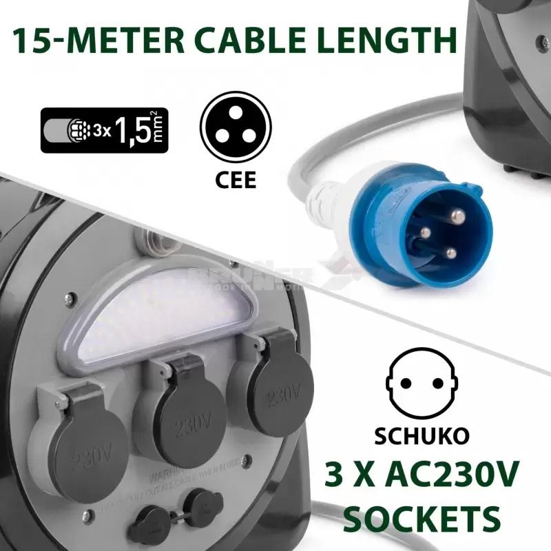 Alargadera Brunner 15 metros con 3 conexiones Schuko, 2 puertos USB y luz integrada para autocaravana, caravana y camper.