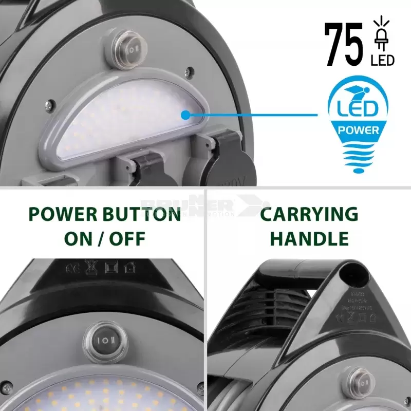 Alargadera Brunner 15 metros con 3 conexiones Schuko, 2 puertos USB y luz integrada para autocaravana, caravana y camper.