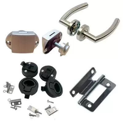 Armários para armários, puxadores e dobradiças para autocaravanas, caravanas e autocaravanas.